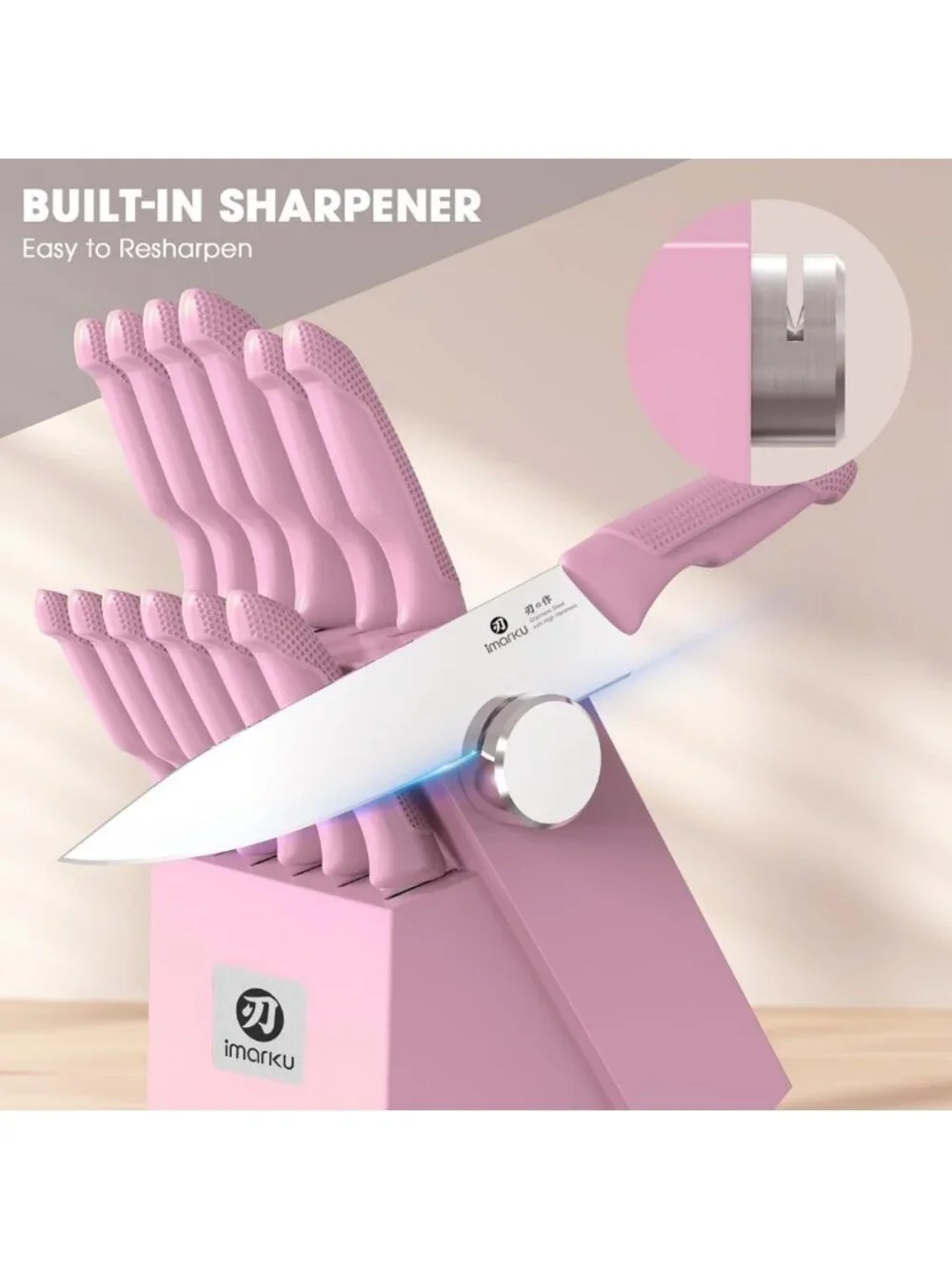 14-Piece Pink Kitchen Knife Set with Block & Built-in Sharpener, Ergonomic